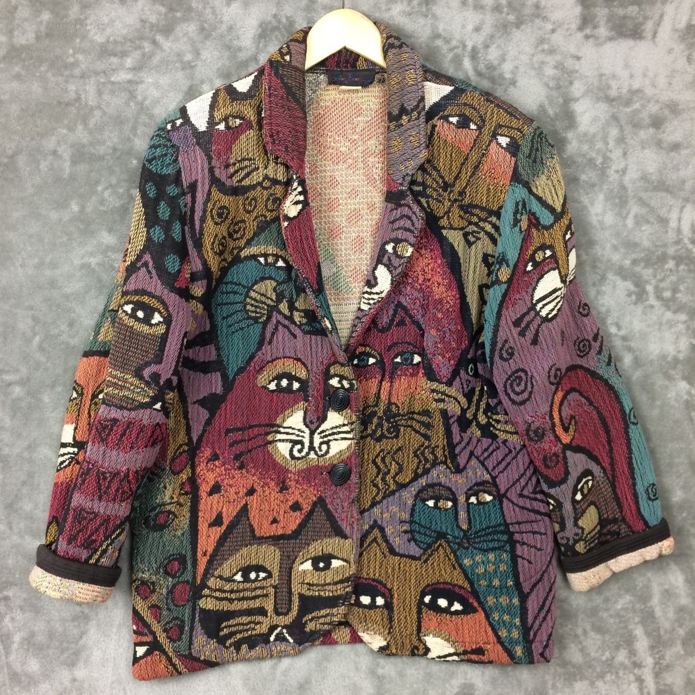 LAUREL BURCH Cat Blazer Jacket Womens XL Tapestry Woven Art Fantastic Felines
